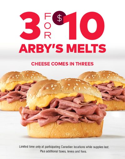 Restaurants offers in Sault Ste. Marie | 3 for $10 Arbys Melts in Arbys | 2024-02-16 - 2024-03-17