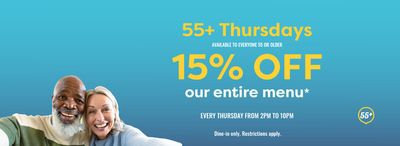 Restaurants offers in Calgary | 15% OFF our entire menu EVERY THURSDAY  in Denny's | 2024-04-12 - 2024-04-26