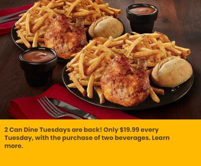 Restaurants offers in Kitchener | 2 Can Dine Tuesdays are back! Only $19.99 every Tuesday in Swiss Chalet | 2024-04-12 - 2024-04-26