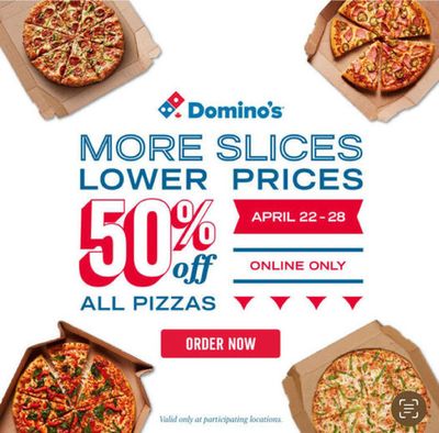 Restaurants offers in Sainte-Anne-des-Plaines | 50% Off in Domino's Pizza | 2024-04-24 - 2024-04-28