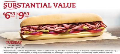 Restaurants offers in Kaladar | SUBSTANTIAL VALUE $6.59 SMALL $9.59 LARGE in Mr Sub | 2024-09-11 - 2024-09-25