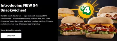 Restaurants offers in Jasper | Introducing NEW $4 Snackwiches! in Subway | 2024-10-02 - 2024-10-16