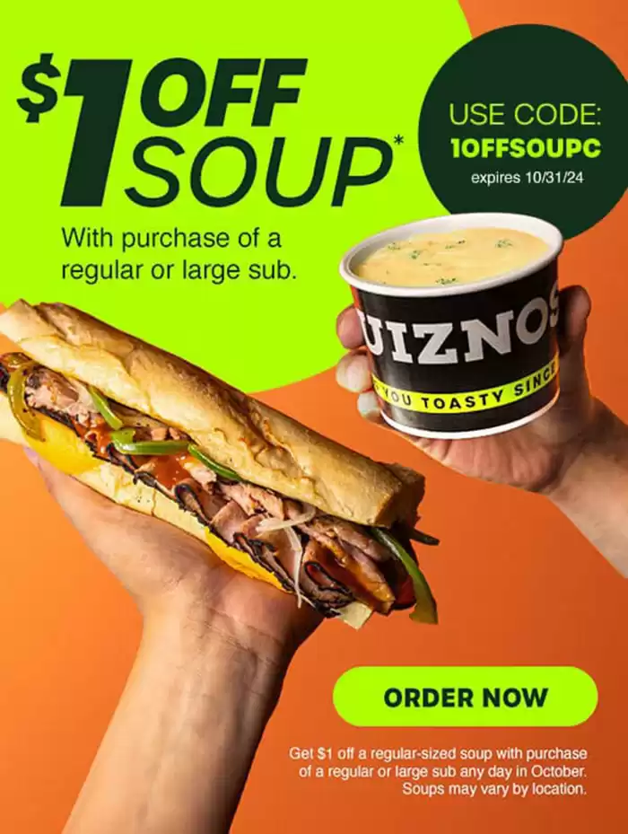 Quiznos catalogue in Edmonton | $1 Off Soup | 2024-10-25 - 2024-10-31