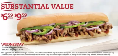 Restaurants offers in Saint Albert | SUBSTANTIAL VALUE $6.59 SMALL $9.59 LARGE in Mr Sub | 2024-11-04 - 2024-11-18