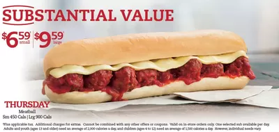 Restaurants offers | SUBSTANTIAL VALUE $6.59 SMALL $9.59 LARGE in Mr Sub | 2024-12-19 - 2025-01-02