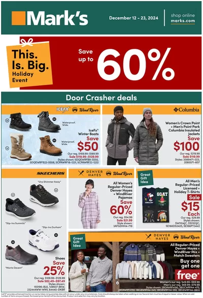 Clothing, Shoes & Accessories offers in Guelph | Save Up To 60% Off in Mark's | 2024-12-23 - 2024-12-23