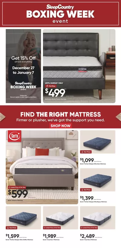 Home & Furniture offers in Winnipeg | Boxing Week Event in Sleep Country | 2025-01-06 - 2025-01-07