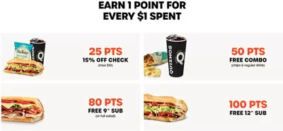 Restaurants offers in Whitecourt | Earn 1 point for every $1 spent in Quiznos | 2025-02-18 - 2025-03-04