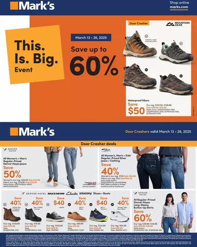 Clothing, Shoes & Accessories offers in Moose Jaw | Save Up To 60% Off in Mark's | 2025-03-18 - 2025-03-26