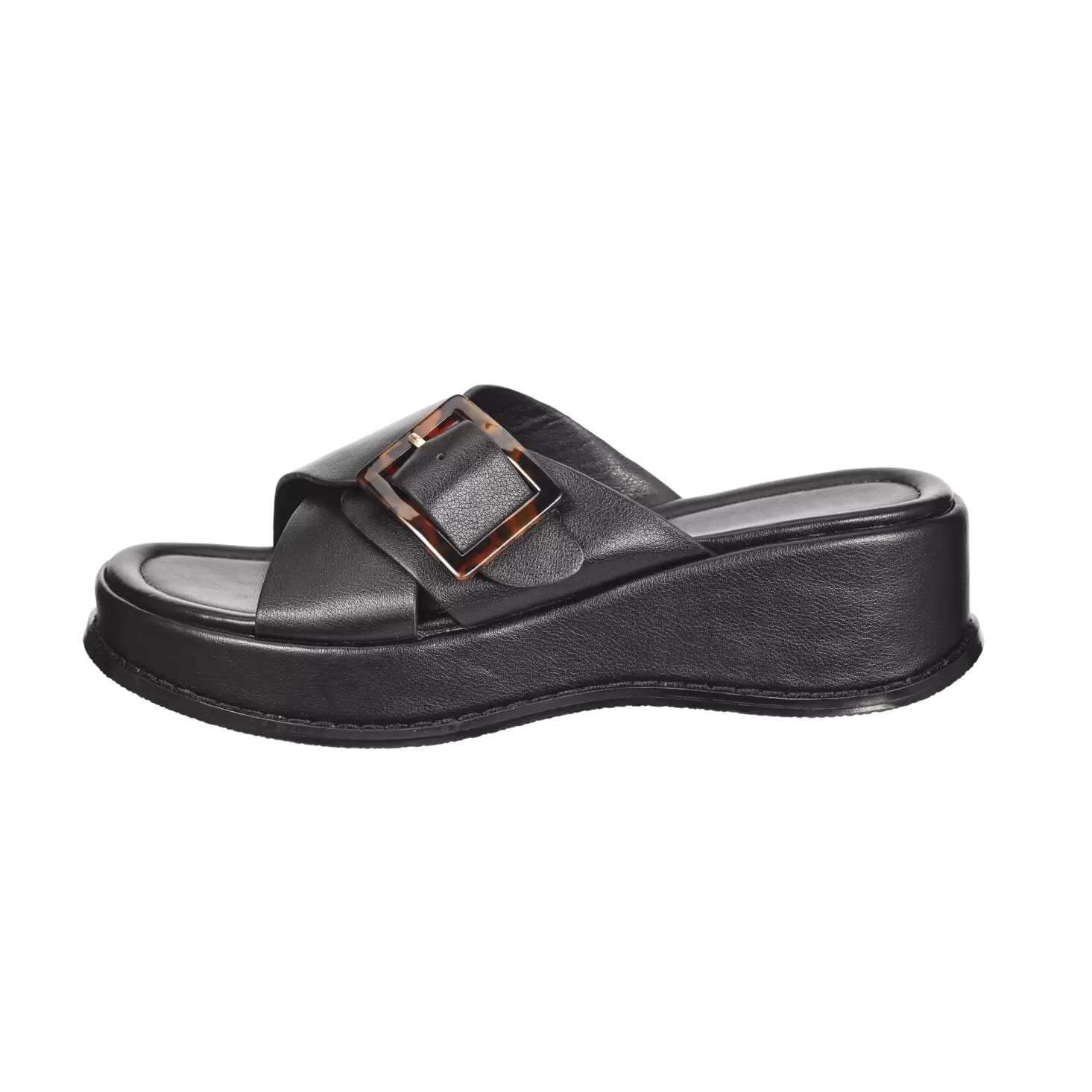 Black Faux Leather Wedge Sandals With Buckle Detail offers at $59.99 in Winners