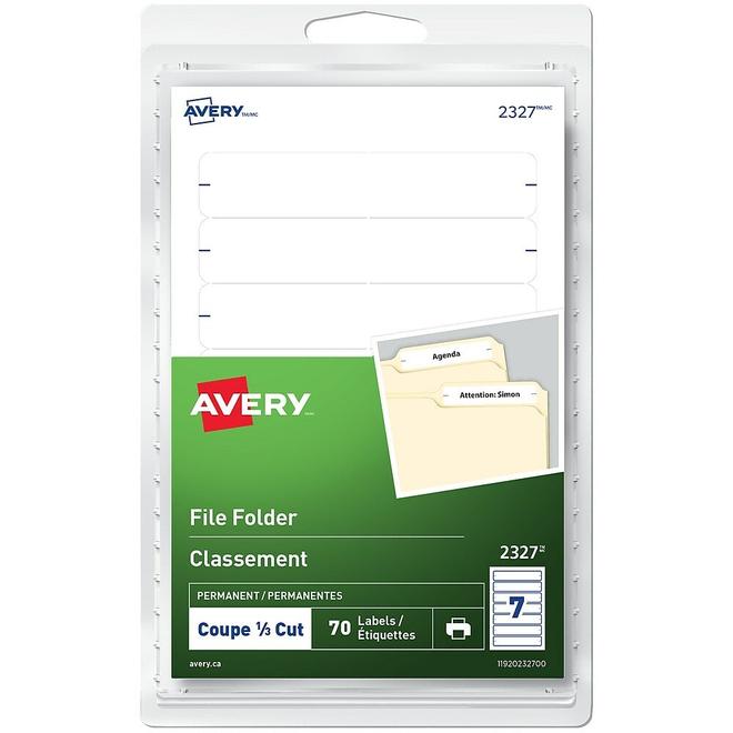 Avery Permanent File Folder Labels, 3-1/2" x 1/3", White, 70 Pack (2327) offers at $4.19 in Staples