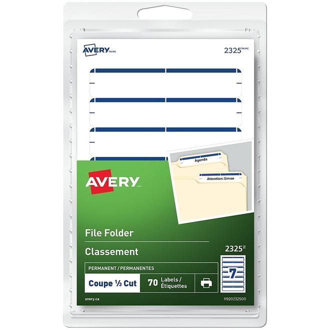 Avery Permanent File Folder Labels, 3-1/2" x 1/3", Blue Bar, 70 Pack (2325) offers at $4.19 in Staples