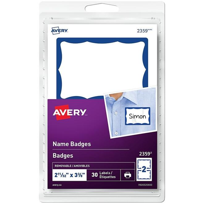 Avery Removable Name Badge Labels with Blue Border, 2-11/32" x 3-3/8", 30 Pack (2359) offers at $4.66 in Staples