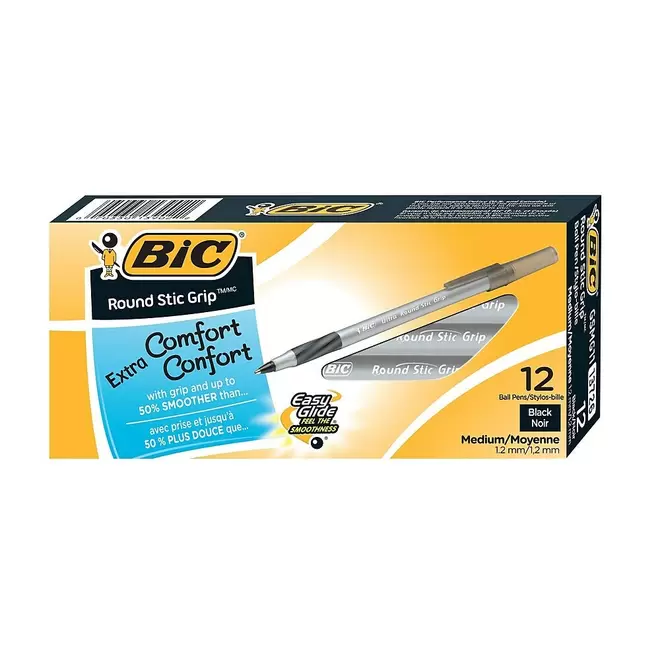 BIC Round Stic Grip Ballpoint Stick Pens - 1.2 mm - Black - 12 Pack offers at $3.29 in Staples