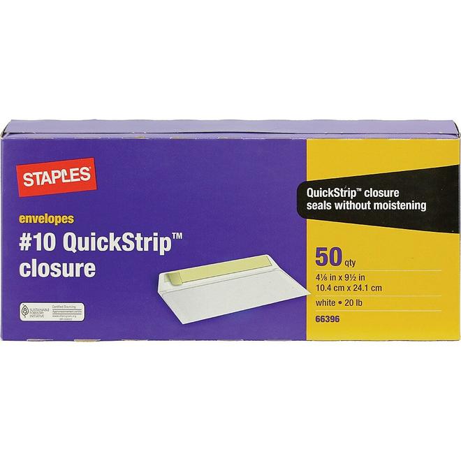 Staples #10 Envelopes with QuickStrip Closure - 4-1/8" x 9-1/2" - White - 50 Pack offers at $3.39 in Staples