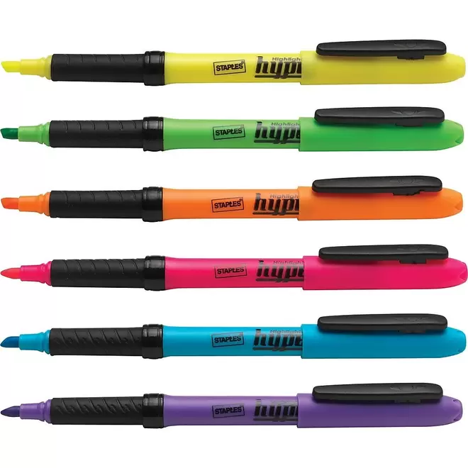 Staples Hype! Gripped Chisel Tip Pen-Style Highlighters - Assorted Colours - 6 Pack offers at $4.99 in Staples