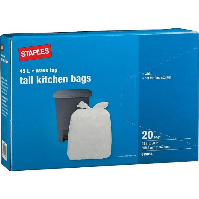 Staples Tall Kitchen Garbage Bags, Wave Top, White, 24" x 30", 20-Pack offers at $4.19 in Staples