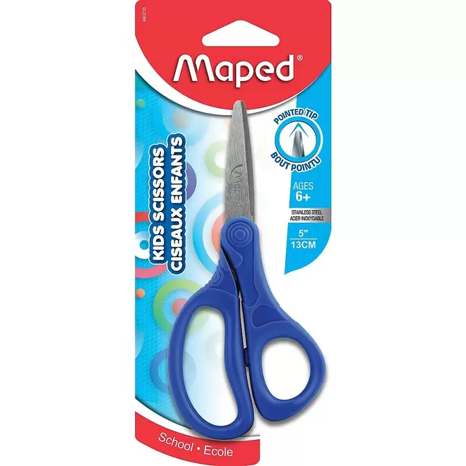 Maped Essentials Kids Scissors, 5 Inch Blades, Pointed, Ambidextrous Handle offers at $0.67 in Staples