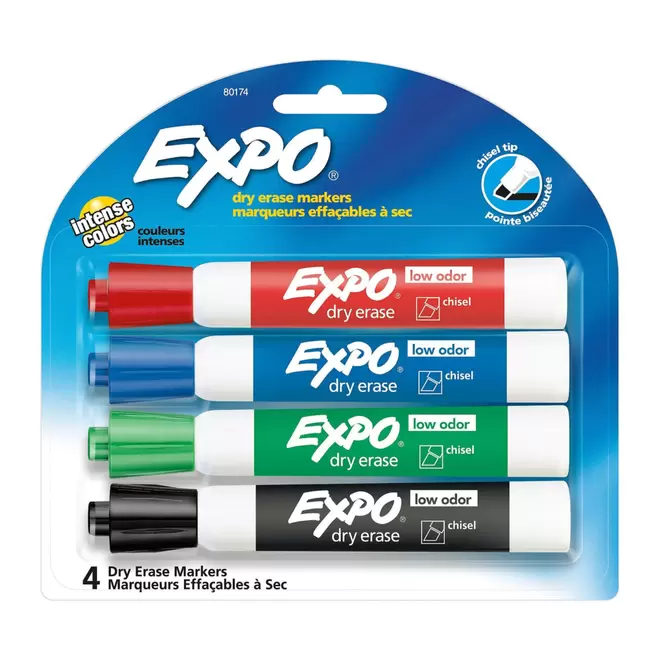 Expo Low Odour Dry Erase Markers - Chisel Tip - Assorted Colours - 4 Pack offers at $4.79 in Staples