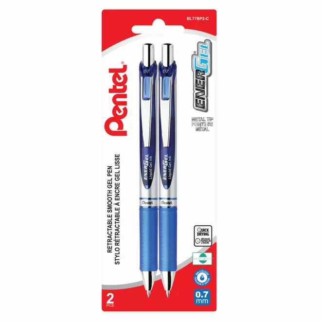 Pentel EnerGel Liquid Gel Pens, Retractable, 0.7mm, Blue, 2 Pack offers at $4.49 in Staples