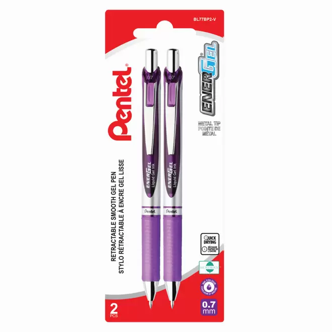 Pentel Energel Liquid Gel Pens, Retractable, 0.7mm, Violet, 2 Pack offers at $4.49 in Staples