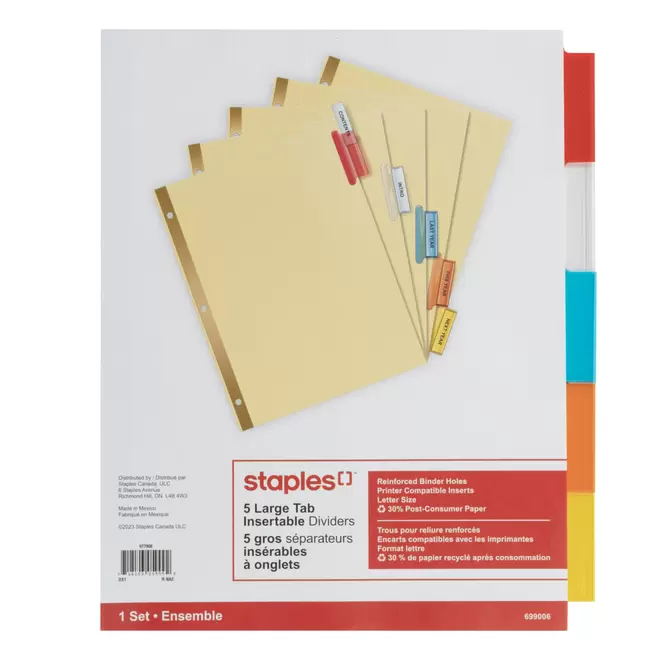 Staples Large Tab Insertable Dividers - 5 Tabs - Assorted Colours offers at $2.79 in Staples