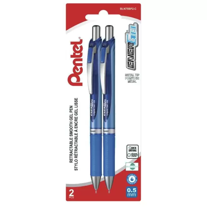 Pentel EnerGel Liquid Gel Pens, Retractable, 0.5mm, Blue, 2 Pack offers at $4.49 in Staples