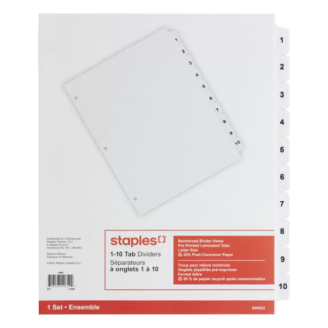 Staples Preprinted Letter Size Dividers - 10 Tabs - White offers at $4.49 in Staples