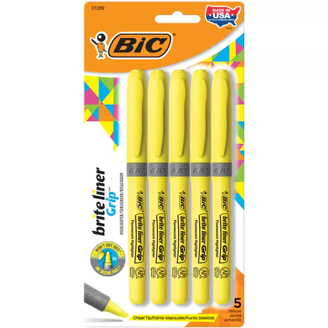 BIC Brite Liner Grip Chisel Tip Pen-Style Highlighters - Yellow - 5 Pack offers at $3.99 in Staples