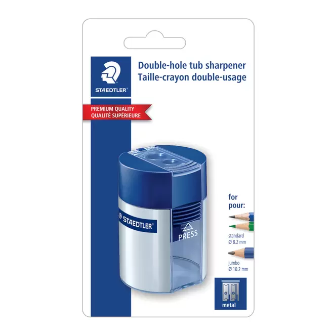 Staedtler Premium-Quality Metal Sharpener with Round Container - 2 Holes - Silver and Blue - 1 Pack offers at $3.99 in Staples