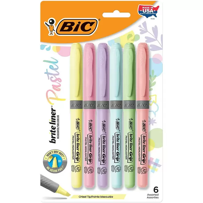 BIC Brite Liner Grip Pastel Highlighters - 6 Pack offers at $4.86 in Staples