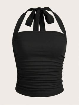 SHEIN EZwear Summer Solid Ruched Halter Top offers at $7.19 in SheIn