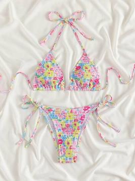 SHEIN Swim Mod Random Floral Print Bikini Set Smocked Halter Triangle Bra Top & Tie Side Bikini Bottom 2 Piece Swimsuit offers at $11.99 in SheIn