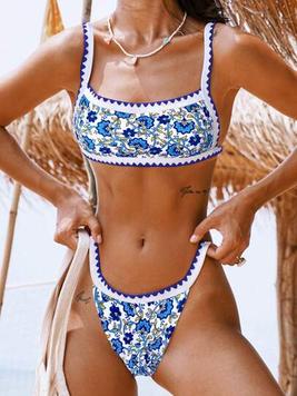 Bikinx Floral Print Bikini Set Chevron Tape Cami Top & Thong Bottom 2 Piece Swimsuit offers at $15.49 in SheIn