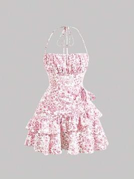 SHEIN MOD Summer Pink Allover Floral Print Ruffle Trim Tie Backless Ruched Bust Halter Dress offers at $21.99 in SheIn