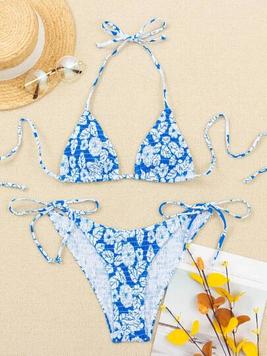 SHEIN Swim Mod Floral Smocked Triangle Tie Side Bikini Swimsuit offers at $12.39 in SheIn