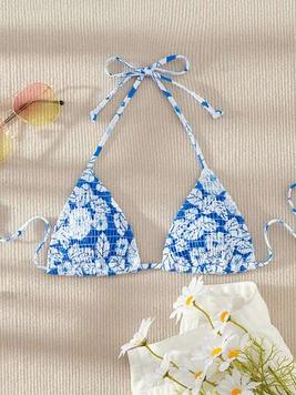 SHEIN Swim Mod Floral Pattern Smocked Bikini Top offers at $6.5 in SheIn