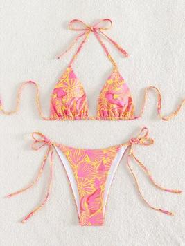SHEIN Swim Mod Allover Print Bikini Set Halter Triangle Bra & Tie Side Bottom 2 Piece Swimsuit offers at $9.99 in SheIn