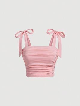 SHEIN MOD Solid Tie Shoulder Ruched Wide Strap Slim Fit Pink Top offers at $9.59 in SheIn