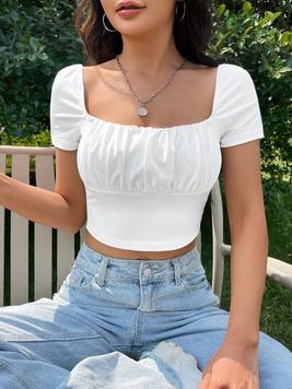 SHEIN EZwear Spring Break Square Neck Ruched Bust White Crop Tee offers at $7.19 in SheIn