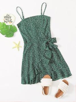 SHEIN Kids SUNSHNE Tween Girl Ruffle Trim Tie Side Allover Plant Cami Dress offers at $16.49 in SheIn