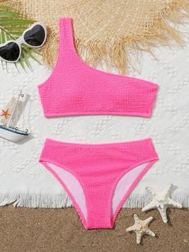 Tween Girl Plain Smocked One Shoulder Bikini Swimsuit offers at $11.47 in SheIn