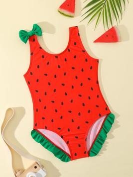 Young Girl Watermelon Print Bow Decor One Piece Swimsuit offers at $8.92 in SheIn