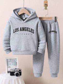 Young Boy Letter Print Hooded Sweatshirt And Sports Pants, Warm offers at $17.99 in SheIn