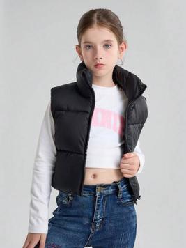 SOLOCOTE Tween Girl Stand Collar Zipper Closure Short Down Vest Winter Clothing offers at $16.62 in SheIn