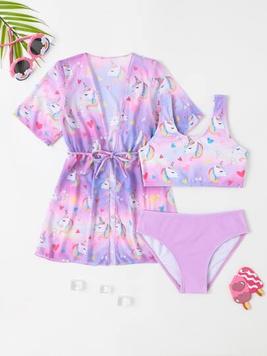 Young Girl 3pc Set Adorable Unicorn & Heart Tie Dye Swimwear With Cover-Up For Sun Protection In Summer offers at $12.74 in SheIn