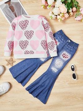 SHEIN Young Girl Heart Print Sweatshirt & Flare Leg Pants offers at $5.7 in SheIn