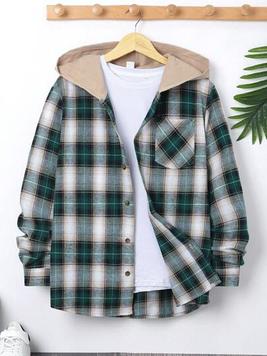 SHEIN Teen Boy Plaid Print Contrast Hooded Shirt offers at $16 in SheIn