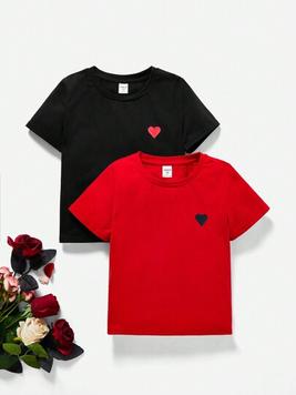 SHEIN Young Boy Slim Fit Casual Valentine's Day Heart Pattern Round Neckline 2pcs T-Shirt Set offers at $11 in SheIn