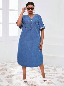 SHEIN Essnce Plus Size Women's Loose Fit Straight Denim Dress With Curved Hem offers at $42.49 in SheIn